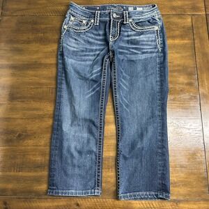 Miss Me Signature Cuffed Capri Jeans Size28 MediumWash Thick Stitch Embellished